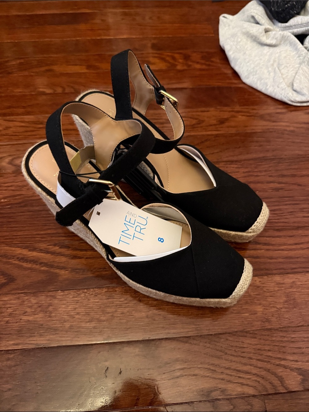 Time and Tru Black Espadrille Wedge Sandals with Ankle Strap